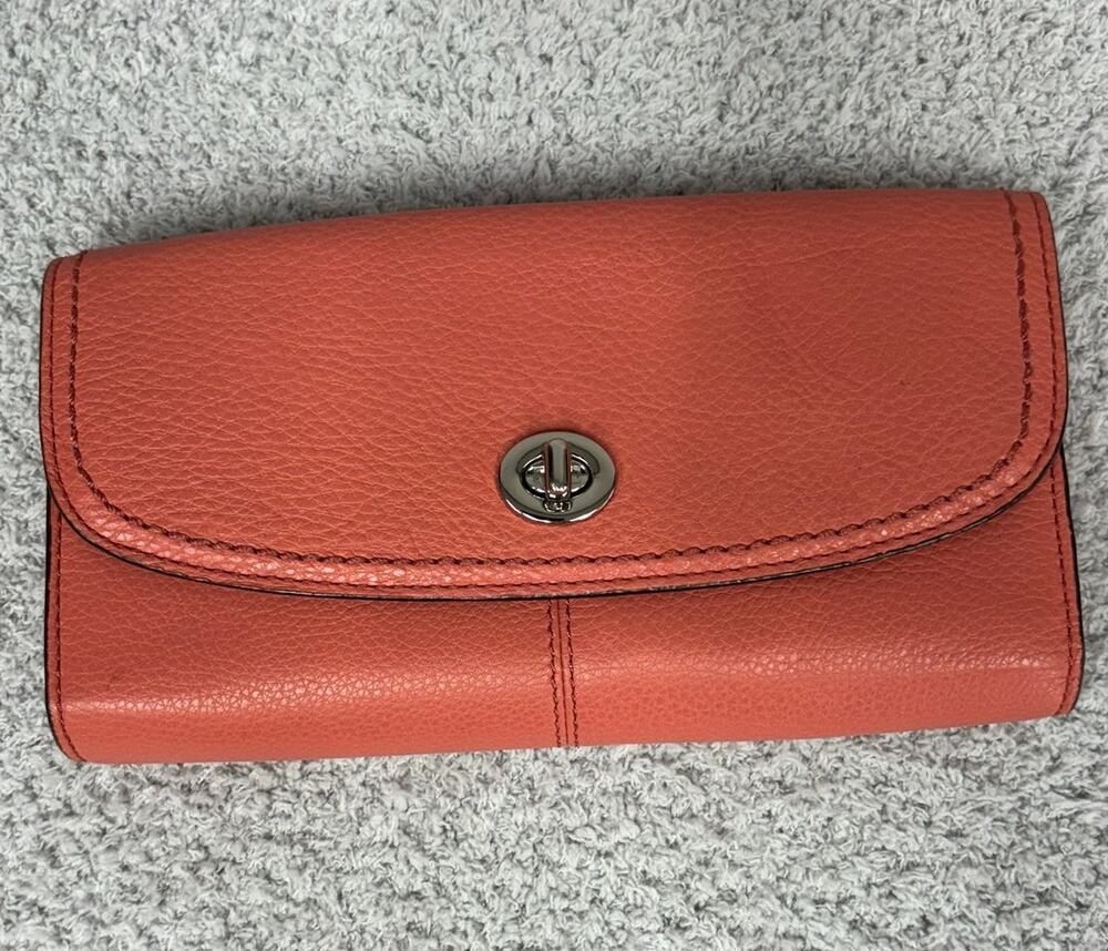 Coach Coral Pebbled Leather Long Turn Lock Flap Wallet #76941